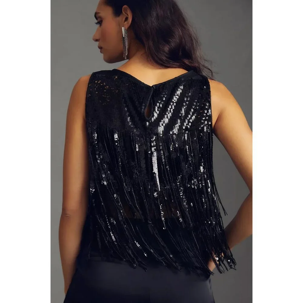 Anthropologie Eva Franco Black Sequin Crop Top with Fringes - Picture 3 of 6